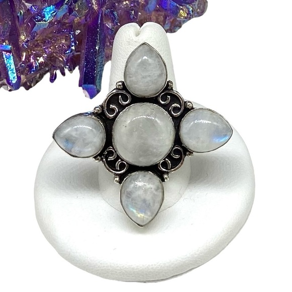 Artisan Jewelry - Rainbow Moonstone Ring 925 Sterling Silver Overlay Size 9 Chunky Statement Boho